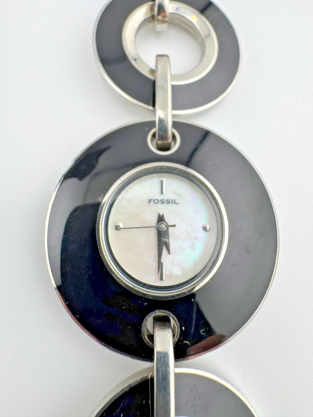 Fossil F2 ES-1616 Women's Black & Silver Tone Round Link Bracelet Watch